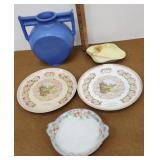 Deco blue vase (chips) nippon plates, calendar