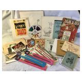Tub Vintage art supplies w/ some artwork
