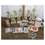 Sports trophies, mug, coasters, ornaments, paper