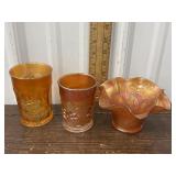 3 pc marigold Carnival glass cups and candy dish