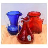 3 pc Hand Blown Crackle Glass Mini Pitchers. One