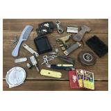Box of guy junque- belt buckles, brush, comb,