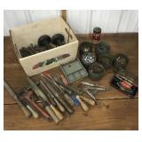 Tools, weights, tins full of hardware, spark