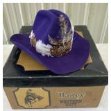 Bailey Western Hat. Purple with feathers. Size 7