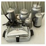 Vintage coffee pots, waffle iron, cream pail,
