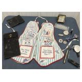 Vintage apron, travel alarm clock, button, bow
