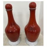 2 Frankoma Pottery Red decanters w/ White