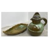 2 pcs Frankoma Pottery - prairie green leaf plate