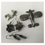 Unique sterling silver earrings & pin