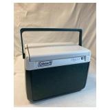 1 Coleman cooler. Holds 12 cans.  Top flips back