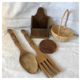 Large wooden fork & spoon, trivet, box, basket