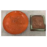 2 pcs Frankoma Pottery - orange Phoenix plate and