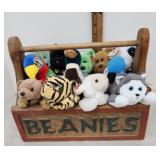 12 beanie babies in a wooden Beanies tote
