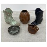 5 pcs Frankoma Pottery - 2 mini boots , clover,