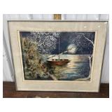 Artist signed and numbered sailboat and moon art
