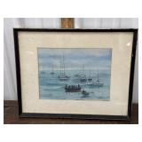 Signed HB Curtis Watercolor boats on the water