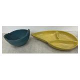 2 pcs Frankoma Pottery - blue bowl & mustard leaf