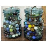 2 Blue Glass Ball Jars Of Marbles *some Glow