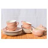 Pink/Peach Swirl Stoneware. Dessert Plates, Cups,