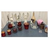 Candle holders, angels, grape vase and oil, other