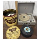 Emerson 45ï¿½s record player with Charles chips tin