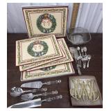 8 Pimpernel place mats, Fostoria serving flatware,