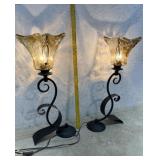 Pair Of Yellow Glass Table Lamps with Iron Base