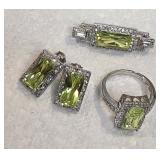 Marked 925 green ring / brooch / pierced earrings