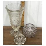 Iris vase, early flint salt dip, pressed glass