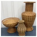 3 Pieces Wicker- Compote & 2 Vases