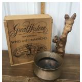 Copper Spittoon, carved wooden folk art figure,