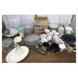 Bowls, plates, egg plate, mugs, glass funnel,