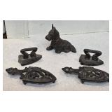 Miniature cast iron - Dog paperweight, 2 trivets,
