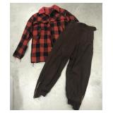 Early red plaid hunting coat, brown pants *not