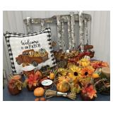 Metal fence sculpture, pillow, mug, & other fall