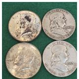 4 Silver Half Dollars 1953-64