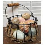 Wire Easter basket hand-painted wooden eggs