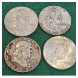4 Silver Half Dollars 1953 -1964