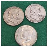 3 Silver Half Dollars - Two 1953 & One 1964