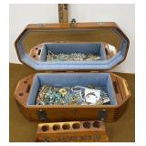 Wooden jewelry box with contents and lipstick bar