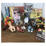Toys, lamp, records, Batman trading cards etc