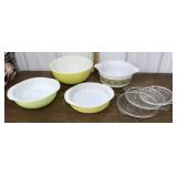 Verde green, yellow Pyrex bowls, lids