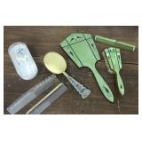 Green Celluloid Dresser set, brushes, combs