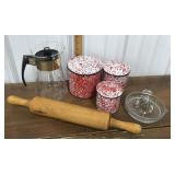 Starburst pitcher, enamelware canisters, juicer,