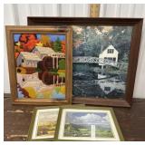 4pcs Needle point waterwheel, scenic prints, and a