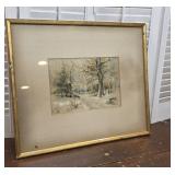 Antique watercolor - winter trees orig frame