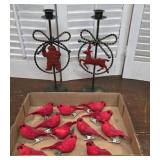 Clip on red birds & pr metal candlesticks