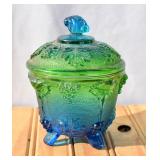 Jeanette Glass Blue-Green Footed Lidded Candy