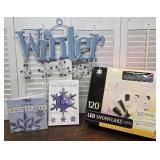 Snowflakes - LED lights, books, tin winter sign