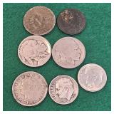 7 vintage coins - silver dimes, V nickels, Indian